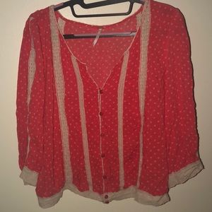 Free People BoHo Lace/ Red button up Top Sz Large